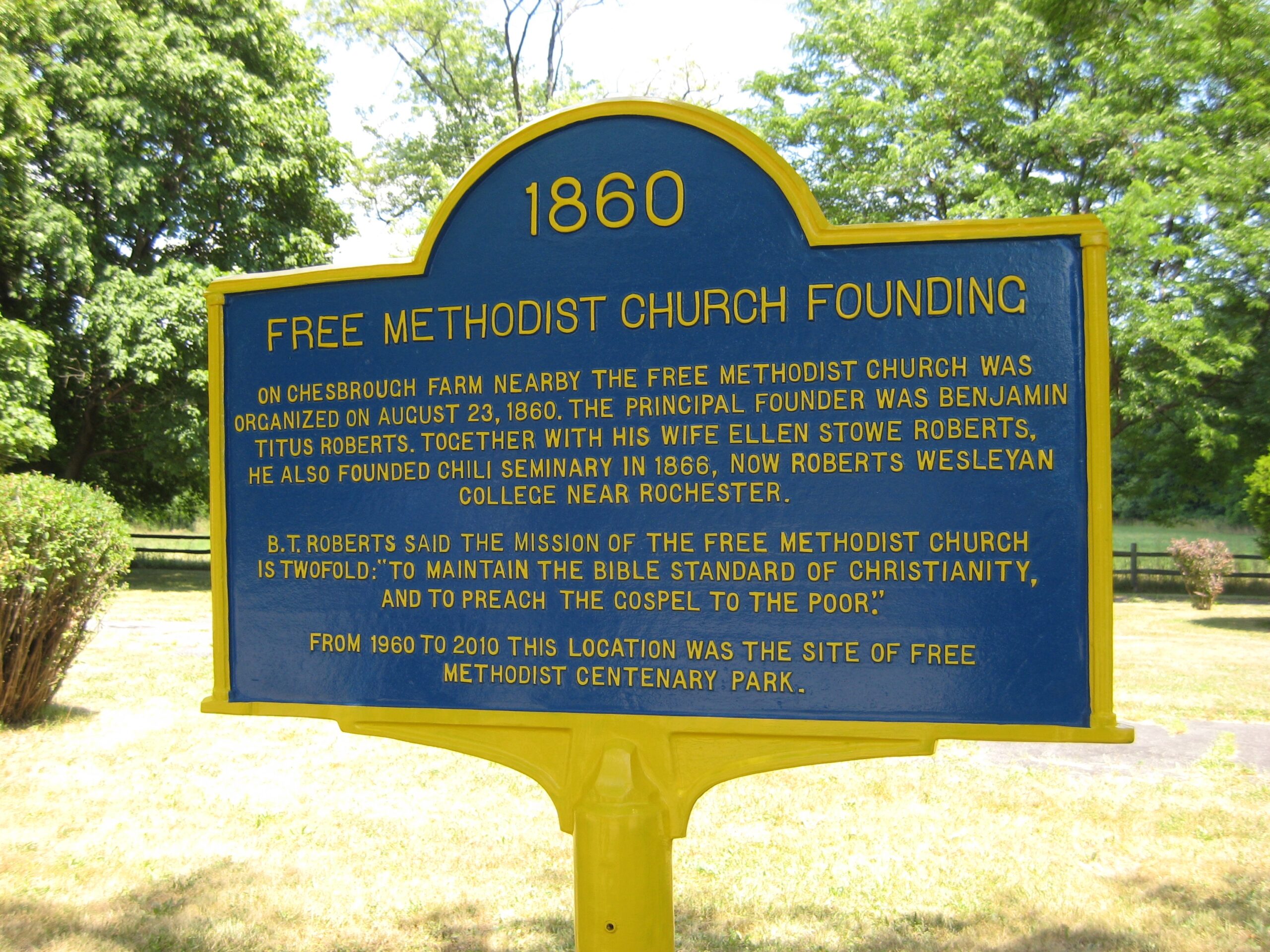 Plaque describing the founding of the Free Methodist Church